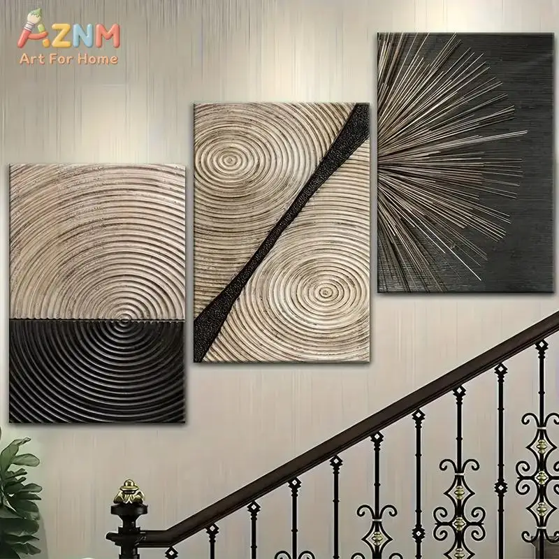 AZNM Modern Wabi Sabi Abstract 3D Textured Circle Ripple Sunburst Canvas Wall Art, Neutral Beige Black Geometric Line Print Post
