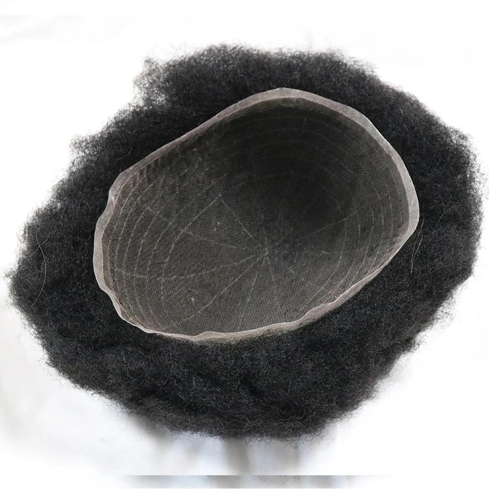 4mm Afro renda penuh keriting pria rambut palsu 100% Unit sistem pengganti rambut manusia peralatan sejuk simpul ganda hitam alami