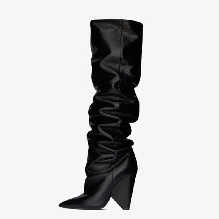 

Brand Design Catwalk Performance Horse Oil Leather Women's Shoes Sexy Wrinkled Special-Shaped Heel Pointed Flanged Elastic Boots