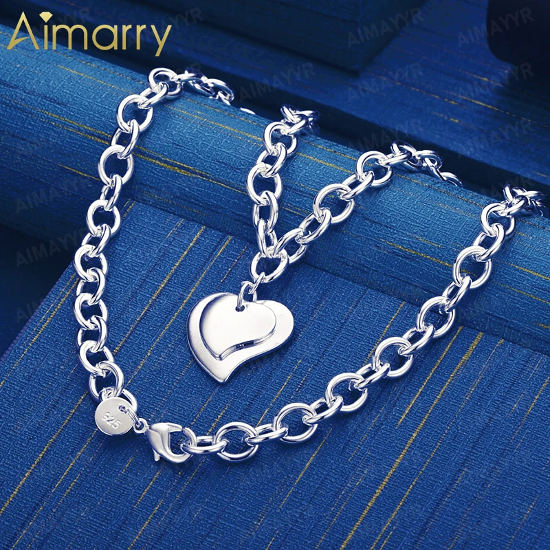 925 Sterling Silver Romantic Heart To Heart Necklace 18 Inch Women's Party Banquet Engagement Wedding Fashion Jewelry