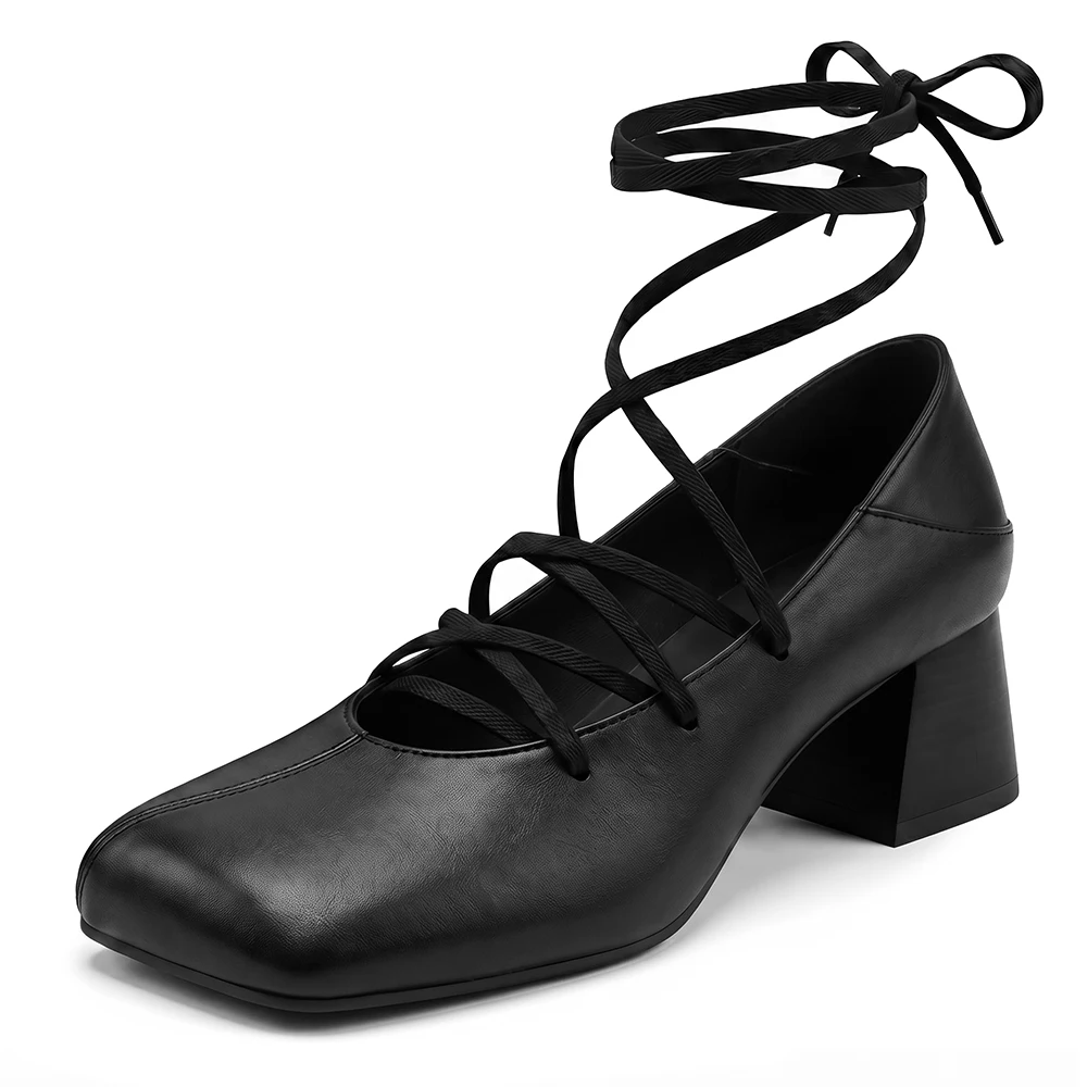 2026 Autumn Mature Women Pumps Square Toe High Block Heels Lady Dress Shoes Large Plus Size 14 43 49 52 Lace up