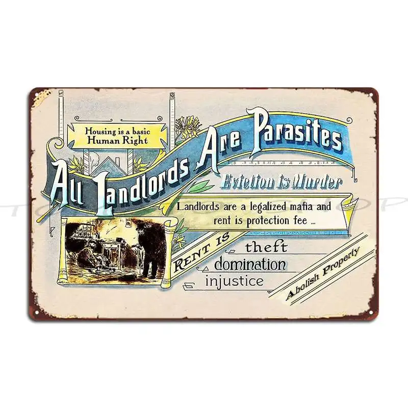 All Landlords Are Parasites Anti Eviction Metal Sign Plaques Cinema Design Funny Party Customized Tin Sign Poster