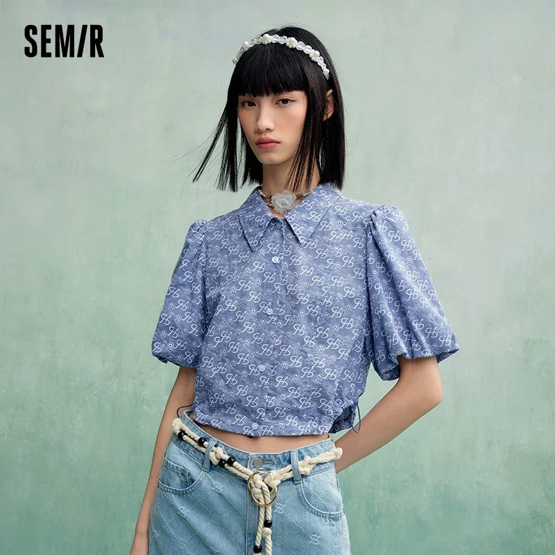 Semir Short Sleeve Shirt Women Short Slim Fit Drawcord 2023 Summer New Embroidered Bubble Sleeve Blouse