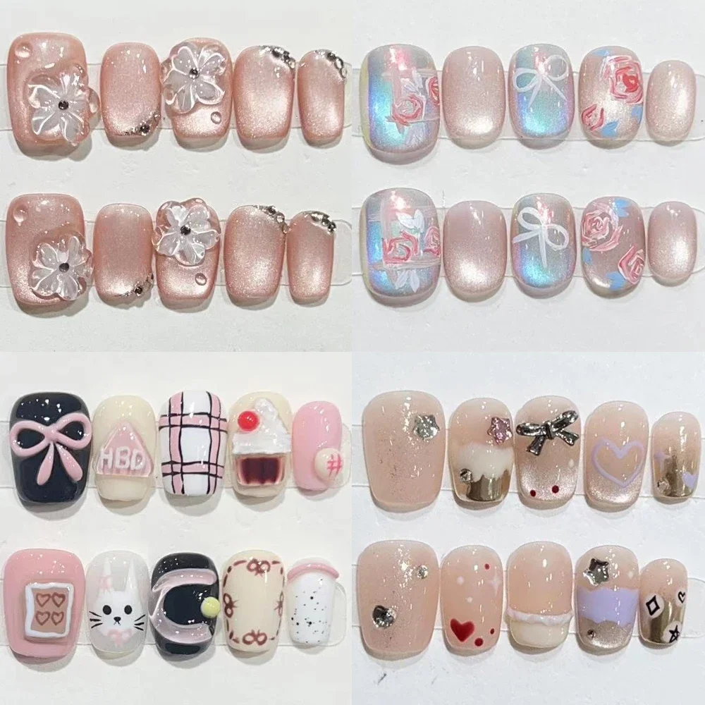 

10Pcs Kawaii Handmade Full Cover Wearable Press On Nails Short Square Round Cat Eyes Flowers Bowknot Diamond False Nails Art