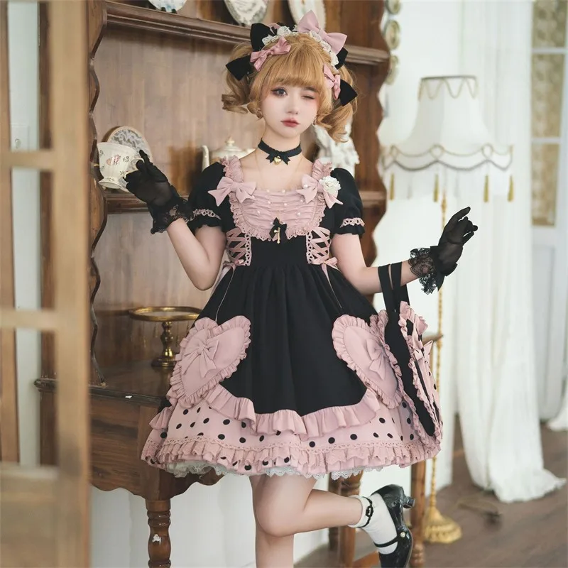 

Sweet Lolita Style Print Princess Dress Women Cute Bow Lace Party Strap Dresses Girly Harajuku Kawaii Y2k Mini Vestidos Bag Set