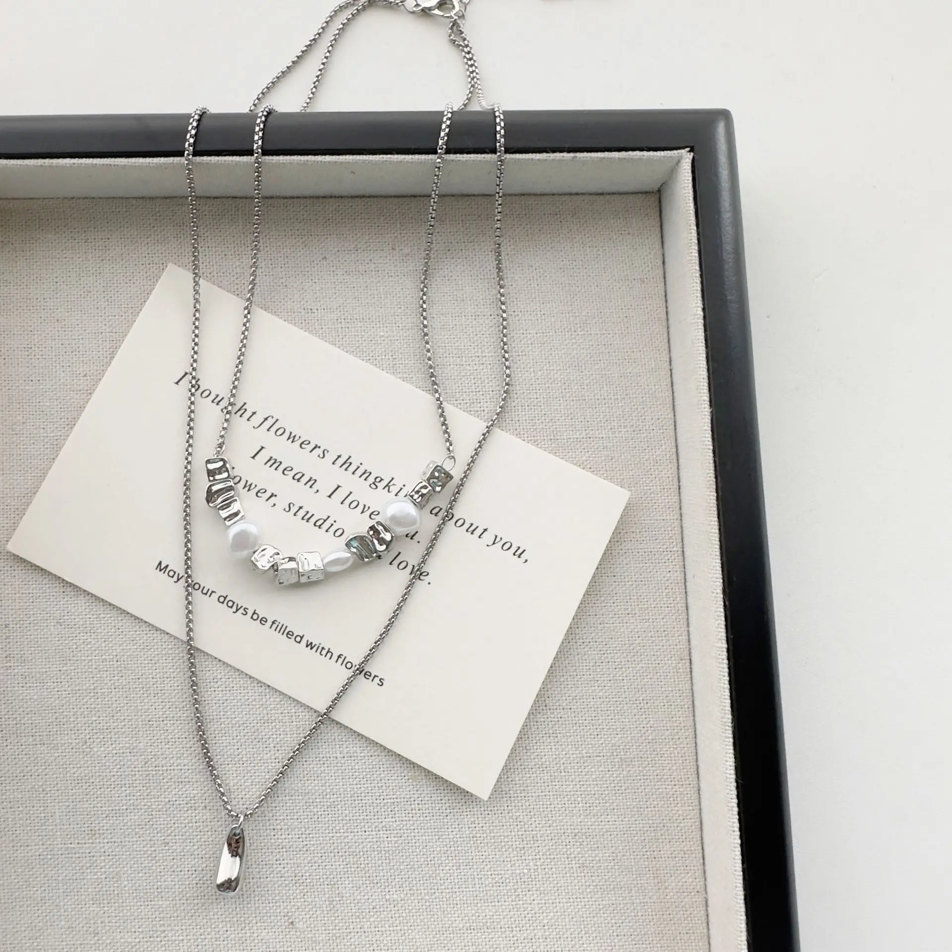 Double Layer Necklace Water Drop Pendant Irregular Geometric Silver Tone Alloy Minimalist Unique Choker Jewelry for Women