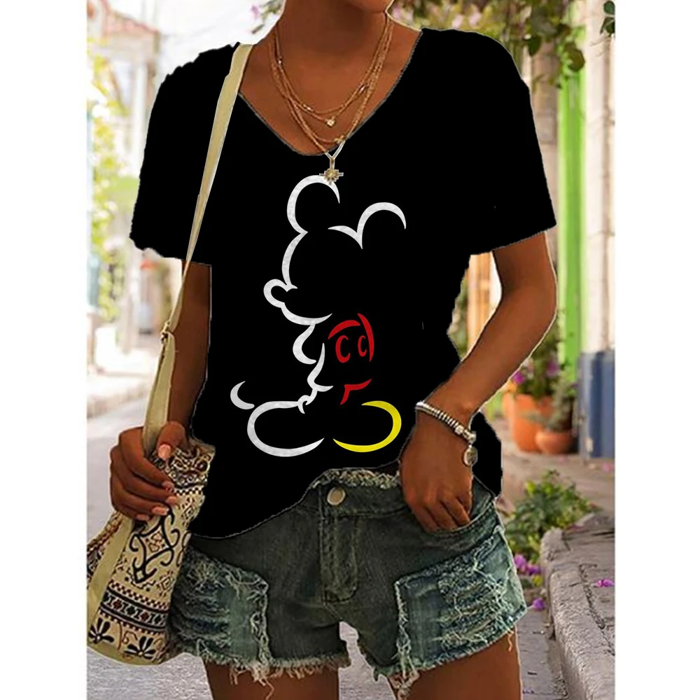 

Disney Mickey Mouse Print Women's T-shirt Summer V-neck Short Sleeves Y2k Clothes Minimalist T Tops Tees Oversize T-shirts Woman