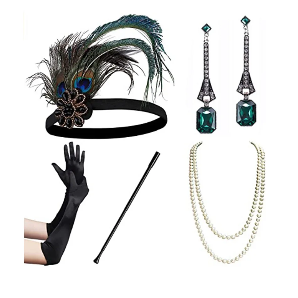 Frauen 20s Flapper Handschuhe Feder Stirnband Perle Halskette Zigarette Halter 4 Stück Set 1920s Great Gatsby Zubehör set