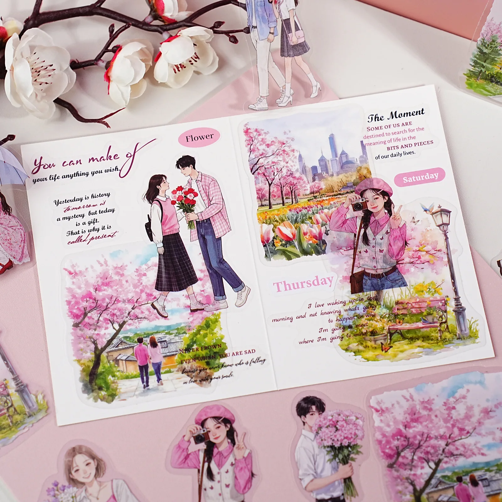 Paquete de pegatinas de PET para niña, 20 piezas, ubicación de caracteres creativos, Collage de paisaje, diario basura, suministros de decoración para álbum de recortes DIY