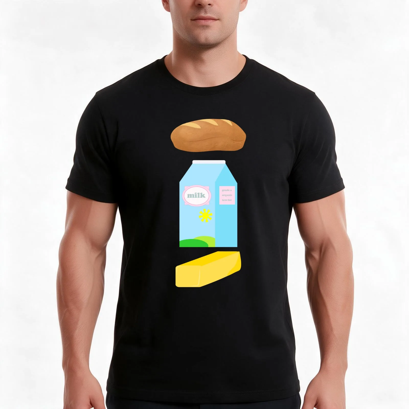 A loaf of bread, a container of milk, and a stick of butter T-Shirt, Summer Casual Cotton Tee, Oversized Streetwear Tops