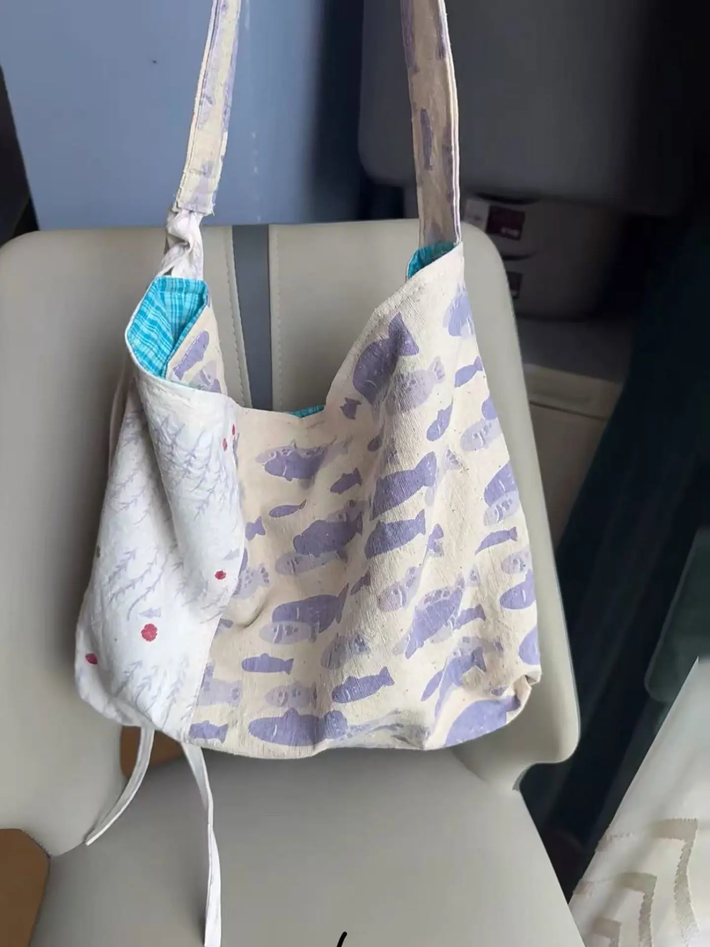 Purple Cloth Bag Contrasting Canvas Bag Seaweed Fish Print Splicing Bag Large Capacity Tote Bag Underarm Shoulder Bag 2026