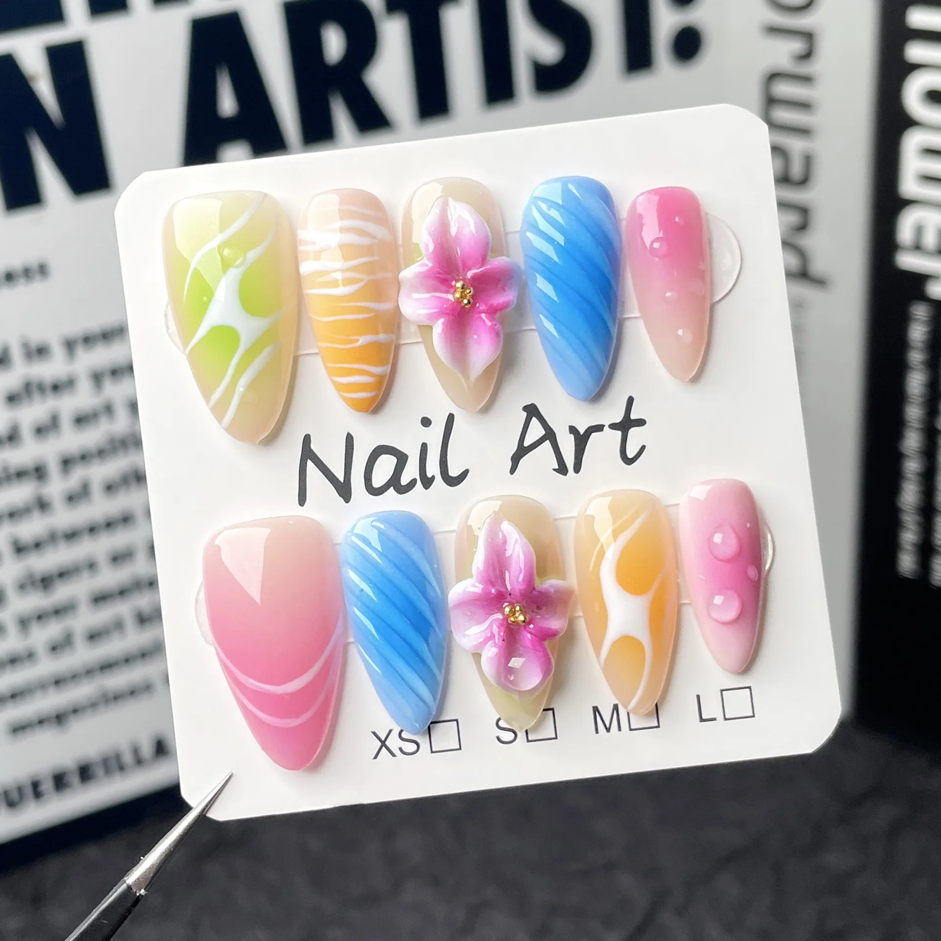 10pcs Hand-painted Blush Almond Fake Nails Colorful Gradient Handmade Stereo Flower Decor Press On Nail Sweet Cool False Naila