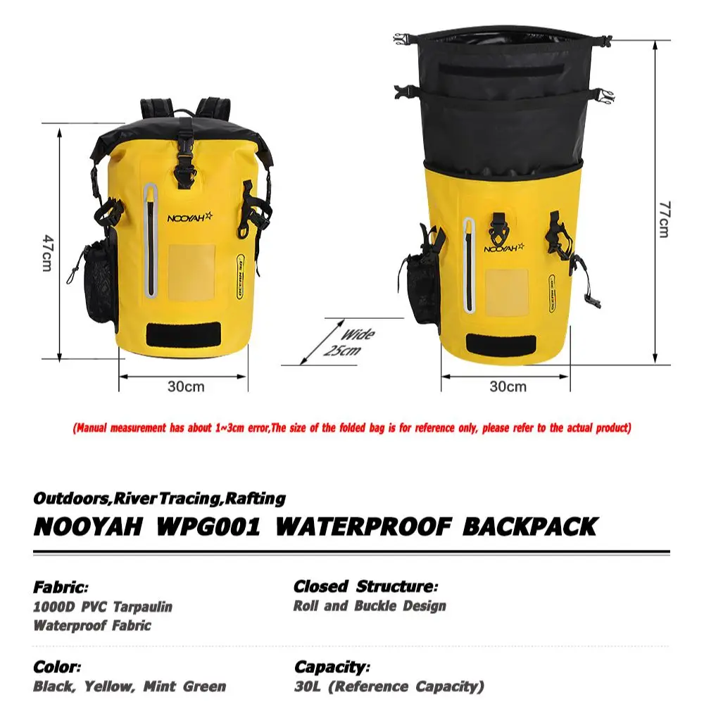 NOOYAH Waterproof Backpack Outdoor Sports Double-Layer Waterproof Bag IPX8 Dry Backpack 1000D Wear-Resistant Roll-Top Closure