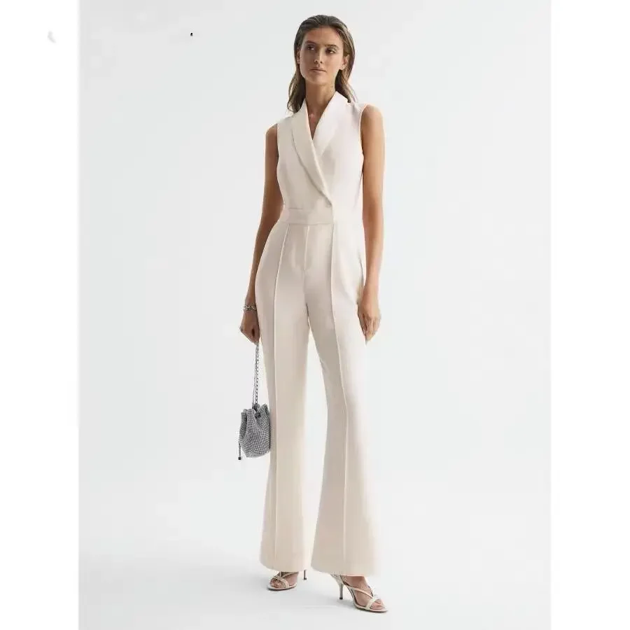 

Summer Elegant and Elegant Style Suit Collar Waist Closed Slim Fit White jumpsuit