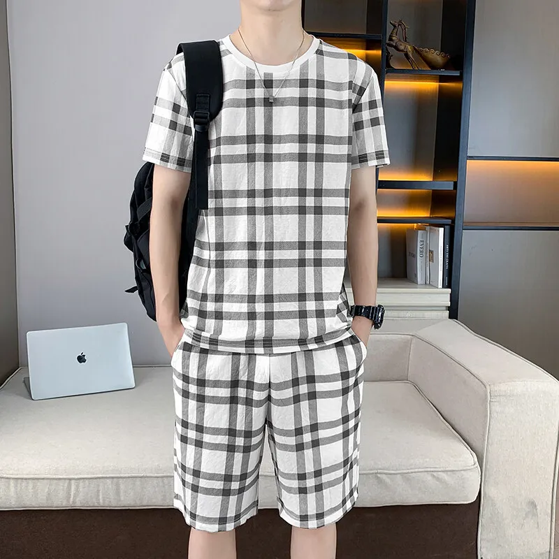 Casual Breathable Plaid Cotton T-Shirts & Shorts Short Sleeve Men's Sets 2025 Summer Youth Top Tees Pant Two-Piece Suit Clothing