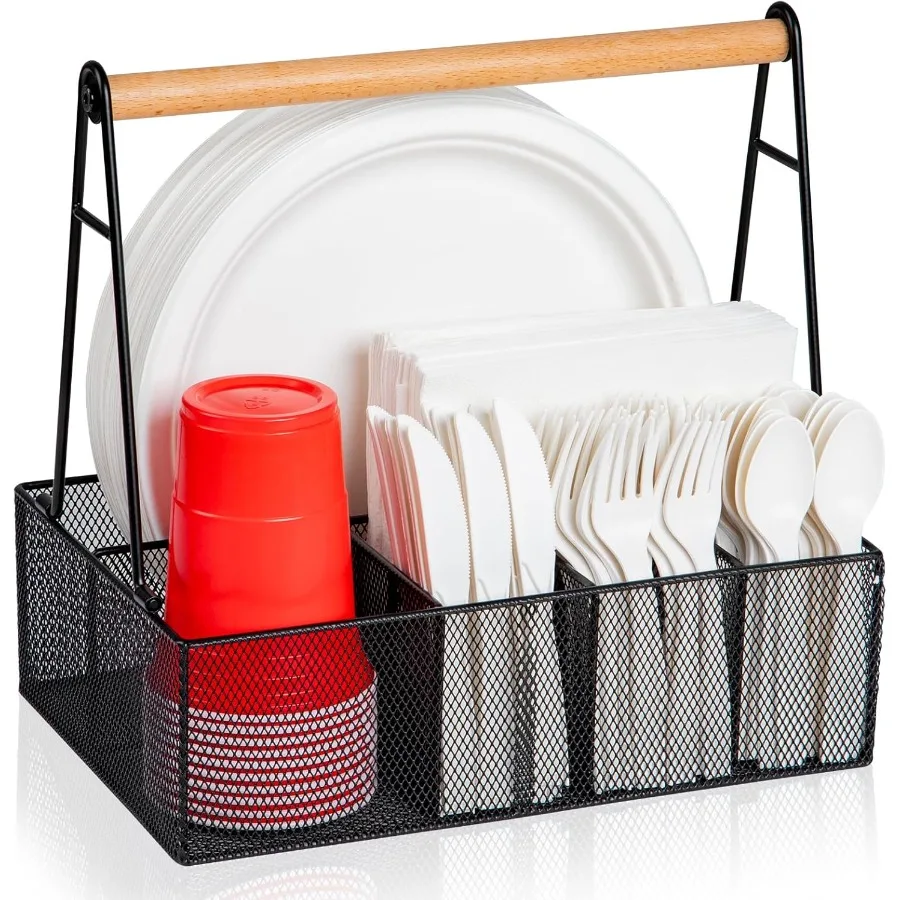 

Paper Plate Organizer with Handle for Countertop Metal Silverware Caddy for Cup Napkin Fork and Spoon Paper Plate and Utensil H