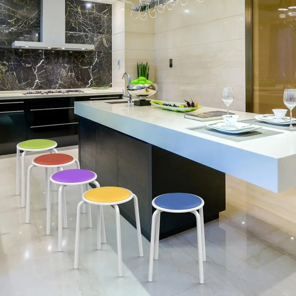 18 Inch Padded Stack Stools Leather Surface, Portable Nesting Assorted Color Dining Metal Stools Colorful Decoration for Home Ki