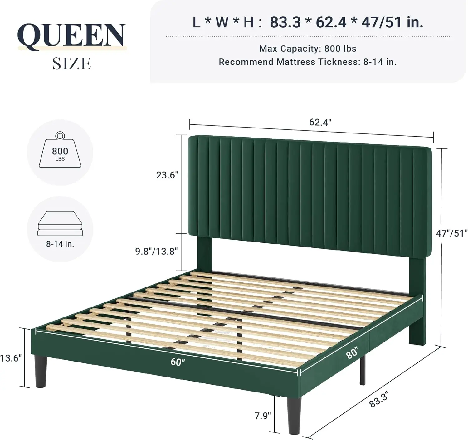 Queen Bed Frame, Velvet Upholstered Platform Bed with Adjustable Vertical Channel Tufted Headboard, Mattress Foundation