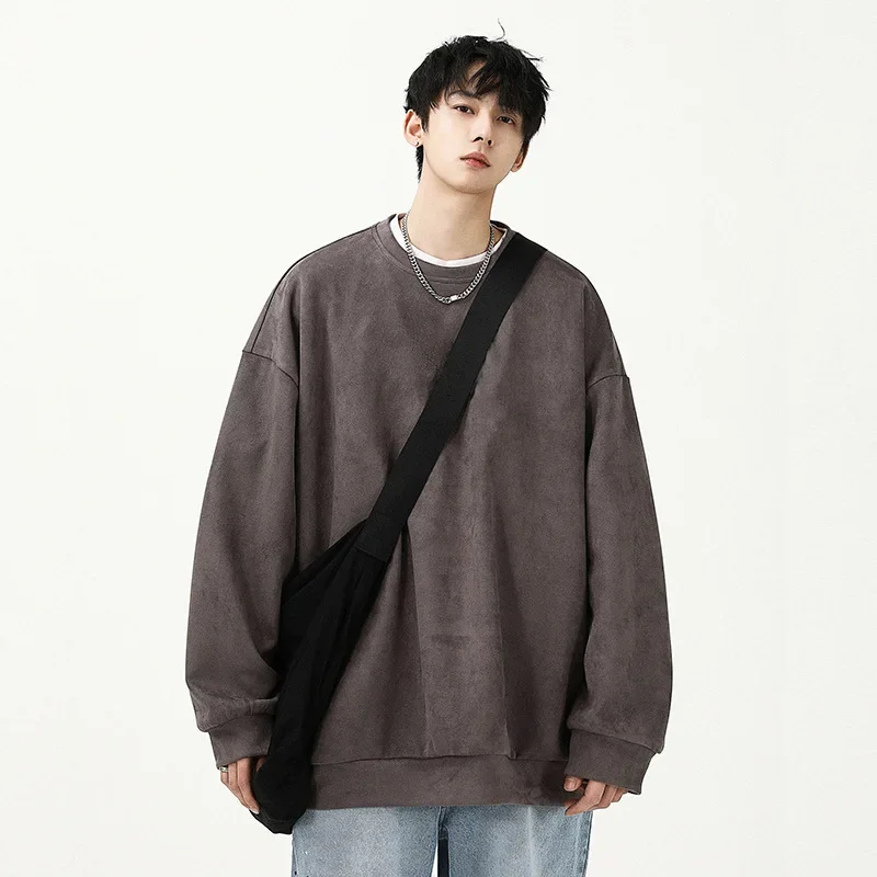 Suede sweater men's spring and autumn heavy casual loose-hitched clothes inside the collar long-sleeved solid color undershirt