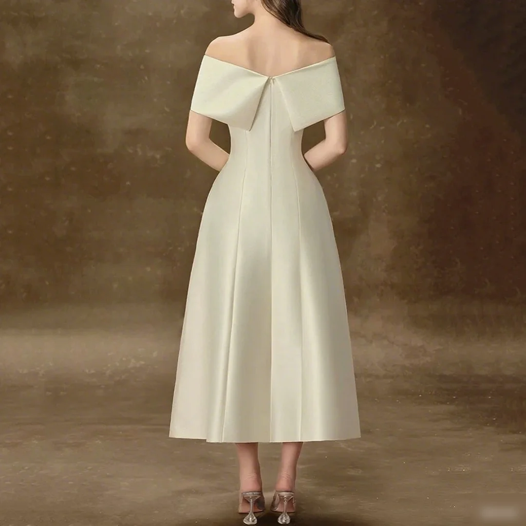 

Women's Summer Sleeveless Party Dress Backless Tea-Length Evening Dress Satin Pure Color Gown Customized Off the Shoulder A-line