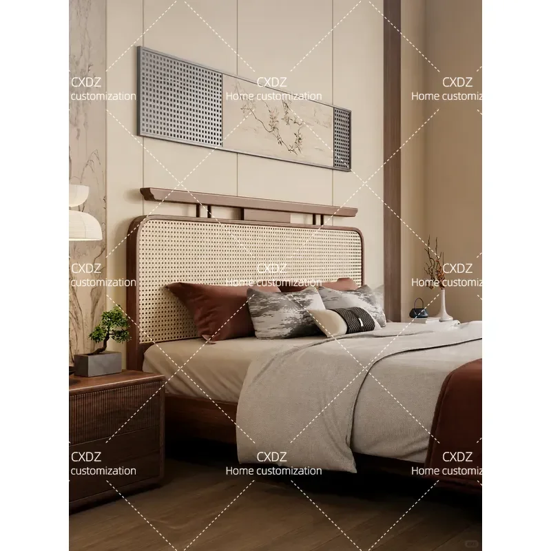 North American Black Walnut Solid Wood Bed Double Bed Simple Style Rattan Storage Bed for Master Bedroom