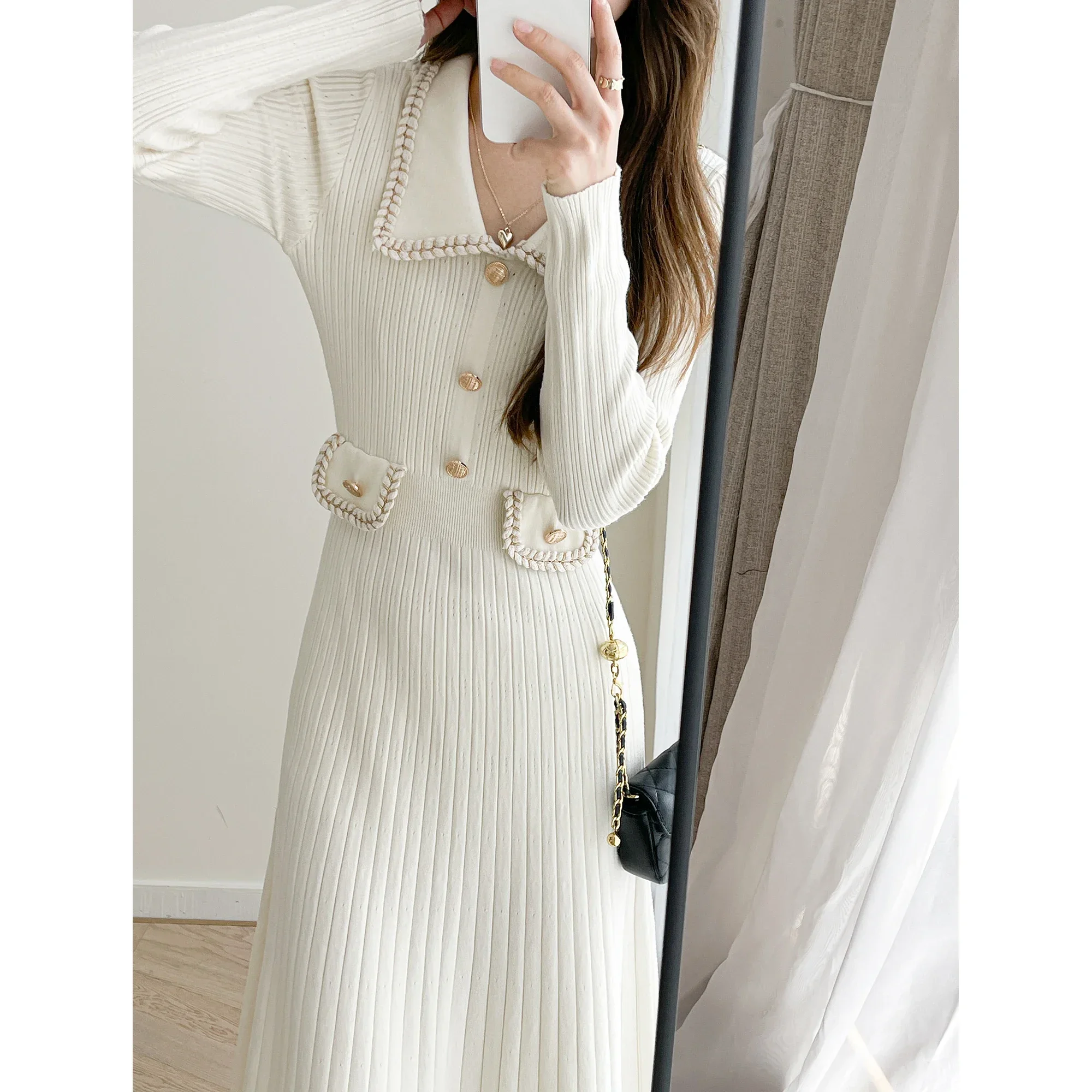 Women Autumn Knitted Sweater Dress Ladies Elegant Lapel Neck Long Sleeve Flat Slim Split Over Hip Urban Knitwear Dresses