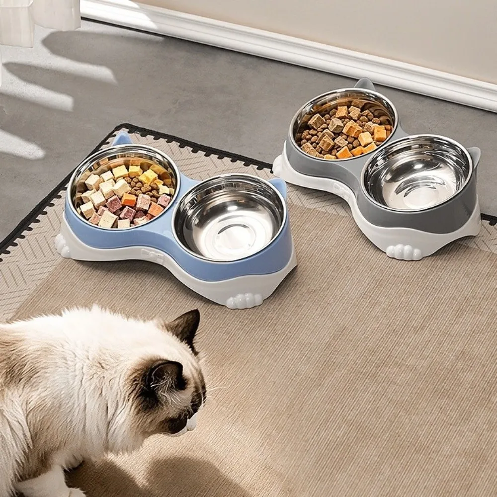 Raised Neck Protection Cat Ear Pet Double Bowl Non-Skid Anti-spill Stainless Steel Pet Bowl Anti-Tip Large Capacity