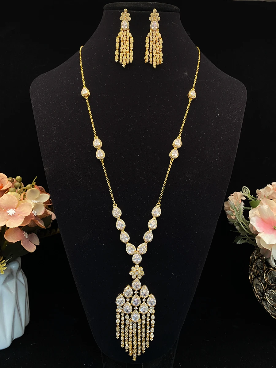 Falair Copper Long Chain Jewelry Set Zircon Necklace And Earrings Luxury for Women Party Anniversary