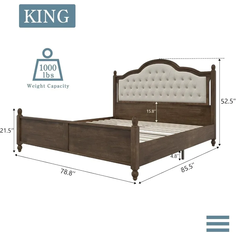 Wooden Bed Frame with Upholstered Headboard, King Size Sturdy Rubberwood Platform Bed with Tufted Linen, No Box Spring Needed E