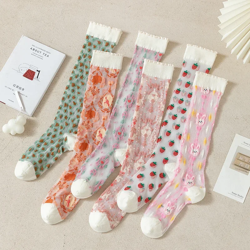 

Summer Ultra-thin Transparent Nylon Long Socks Kawaii Japanese Strawberry Fishnet Knee Socks Vintage Crystal Silk Stockings