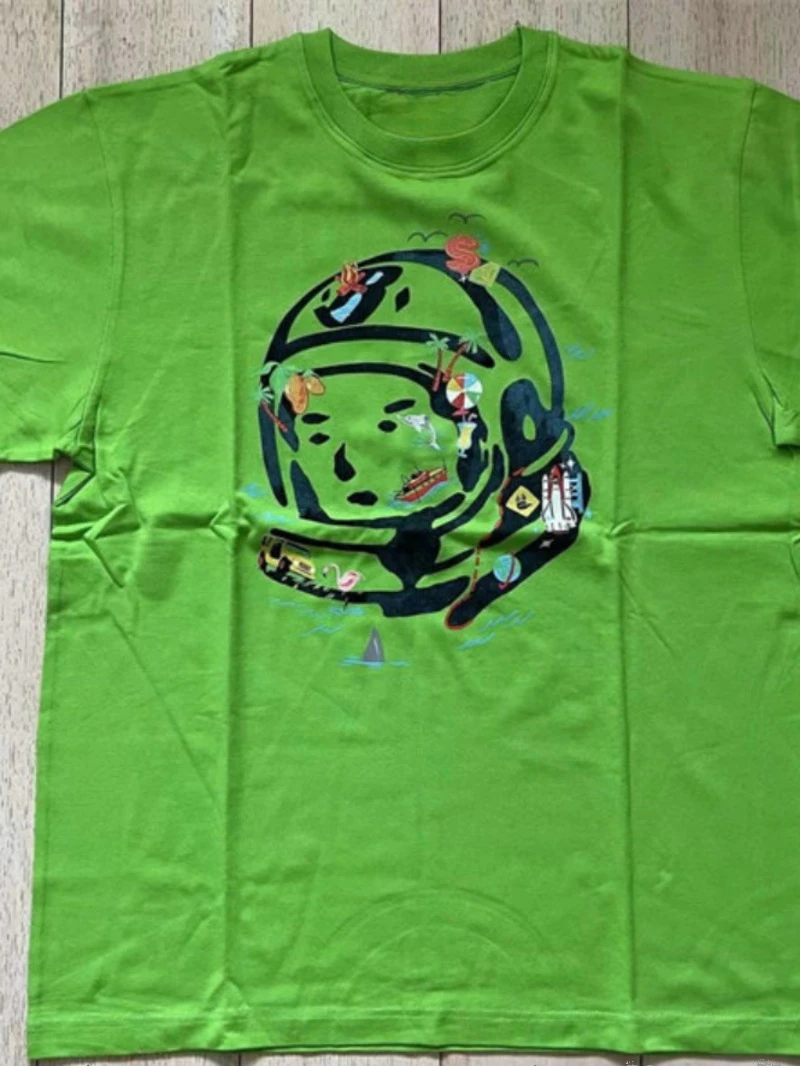 ​ ​ Мужская футболка, шлем астронавта, тропический принт, пальмы, пляжный зонтик, винтажная контрастная хлопковая футболка, остров, жизнь, отдых