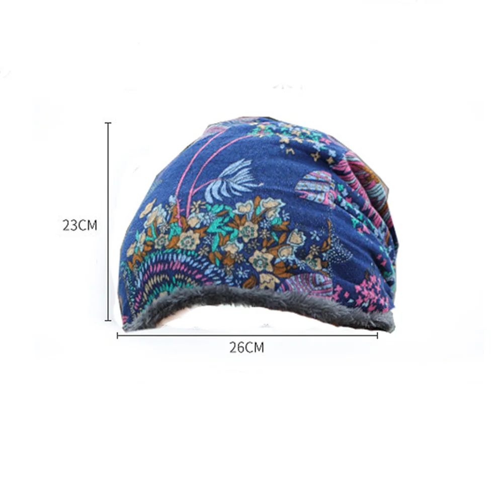 Korean Autumn Print Flower Soft Plus Velvet Warmer Velvet Bonnet Bib Hats Women Hat Beanie