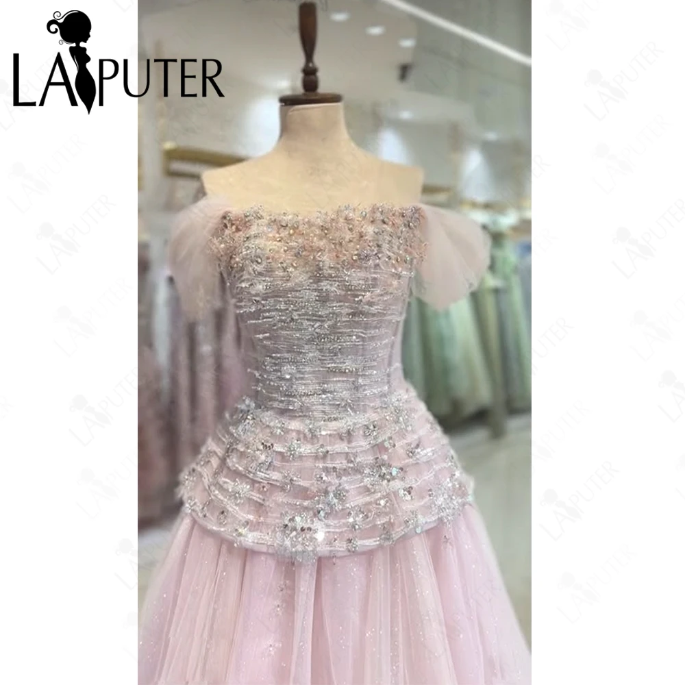 Pink Tulle A-Line Girl Prom Dress Embroidered Lace Bodice with Beading Rhinestones Short-Sleeve Lady Ball Gown Formal Party Dres