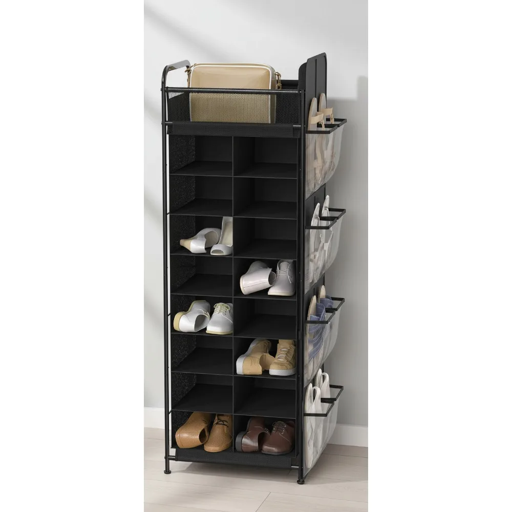 

16 Cube Shoe Rack Tower 8 Tier with Top Shelf & Side Pockets, Space-Saving Storage for Apartments