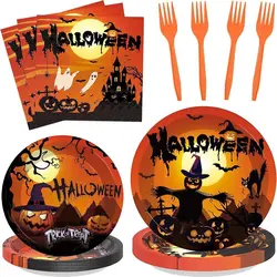 Halloween Disposable Tableware Set Halloween Pumpkin Plates Cups Napkins Tablecloth Banner Happy Halloween Party Decoration