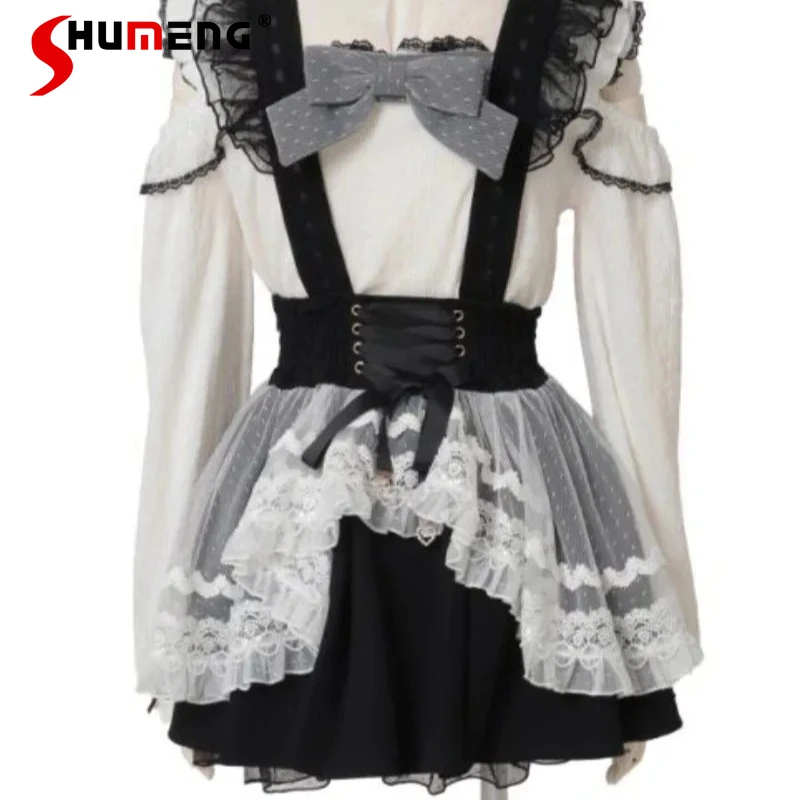 

Japanese Lolita SC Liz Mass-produced Sweet Lace Up Tulle Maid Skirt With A Large Bow On The Back High-waisted Mini Short Skirts
