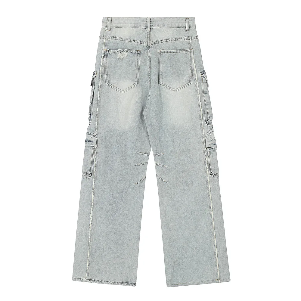 

Мужские повседневные потертые джинсы-карго, широкие джинсовые брюки, джинсы до щиколотки, потертые карманы, свободные лоскутные брюки на молнии, новинка