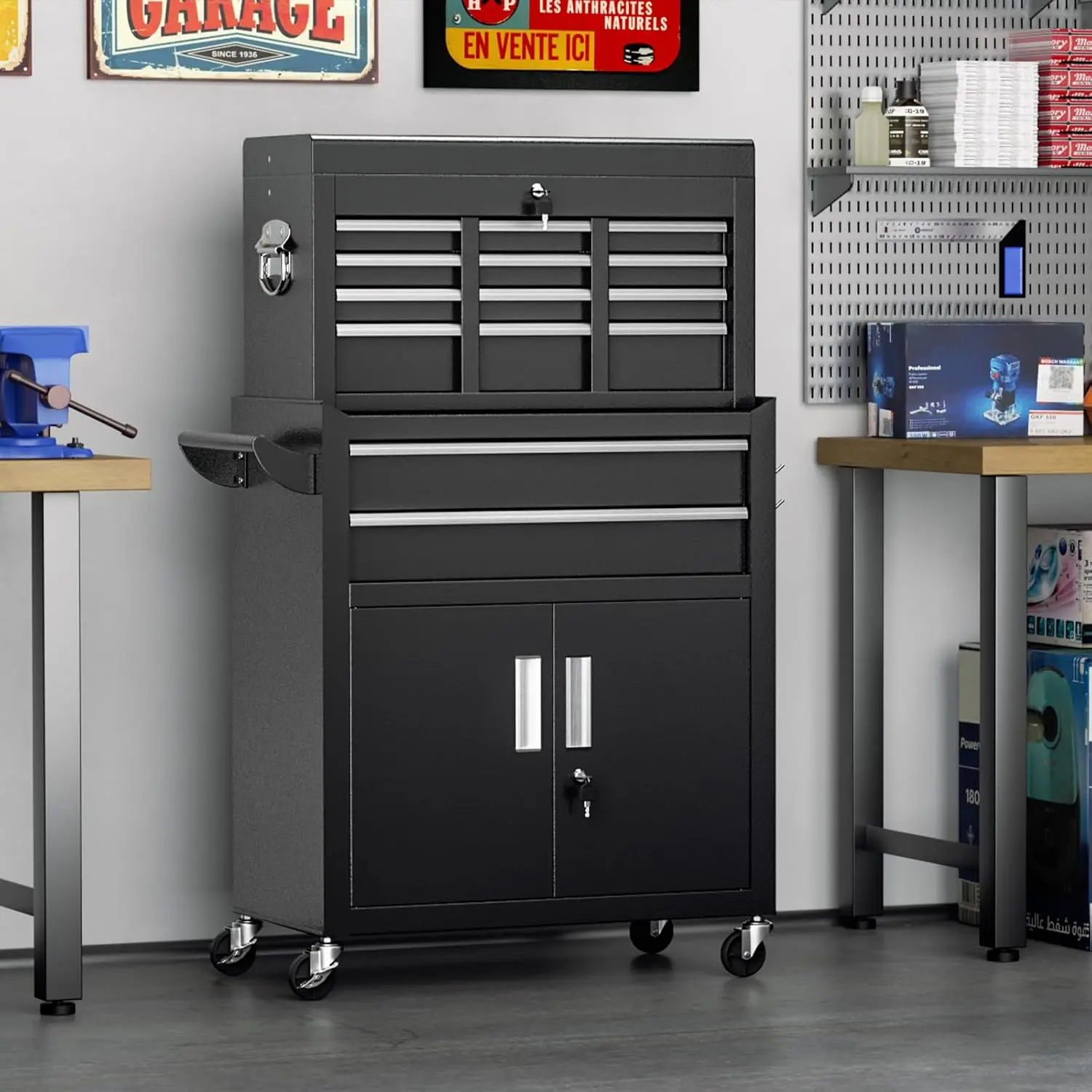 Rolling Tool Chest With 8 Drawers Detachable Metal Top Toolbox Combination Storage Cabinet Lockable Universal Wheels Heavy Duty Organizer For Garage Workshop Repair Black