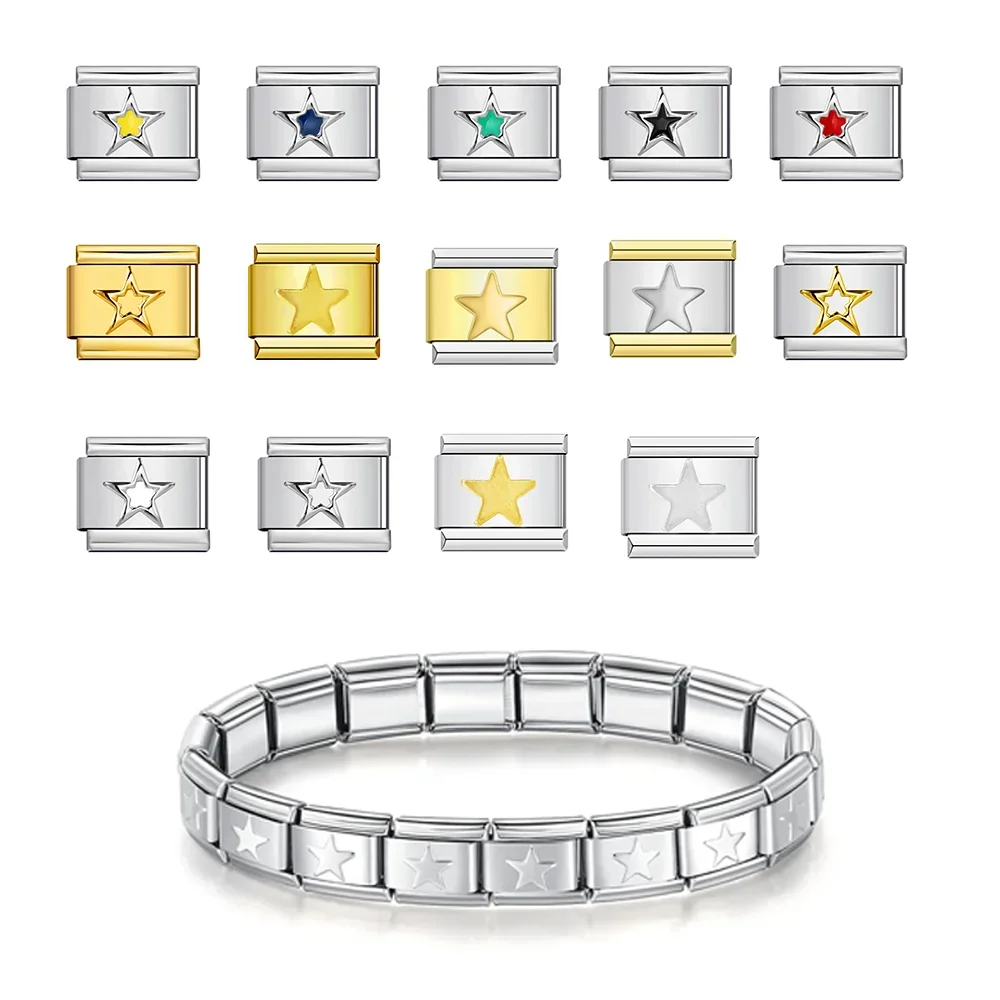 New Fashion Color Glaze Star Shiny Italian Charm Link Fit 9mm Stainless Steel Bracelets Gifts DIY Making Jewelry Wholesale