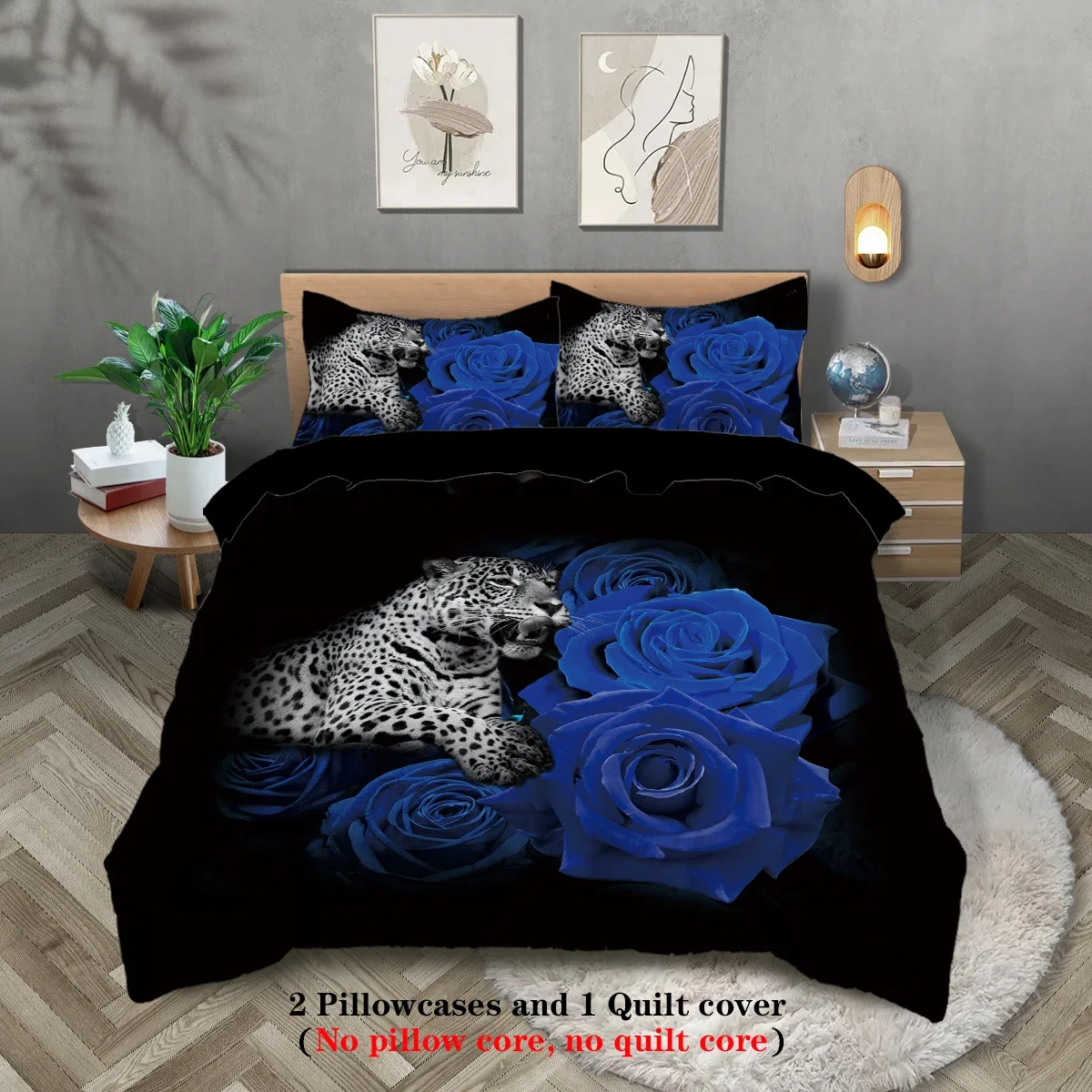 3-piece down duvet cover with modern leopard blue rose pattern print (1 duvet cover+2 pillowcases, no core) bedding set