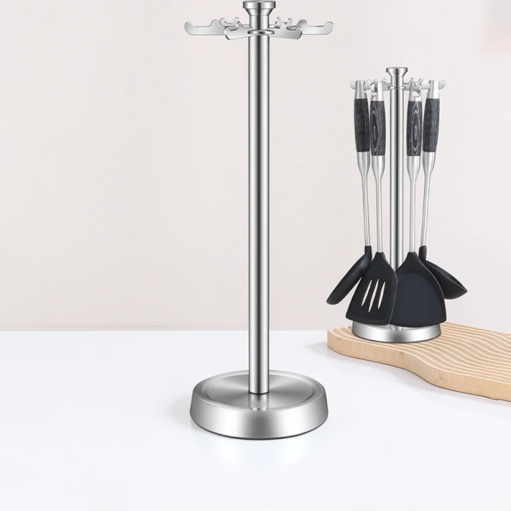 Stainless Steel Vertical Kitchen Organizer Rotating Rack For Spatula Ladle Storage Countertop Cooking Tool Holder