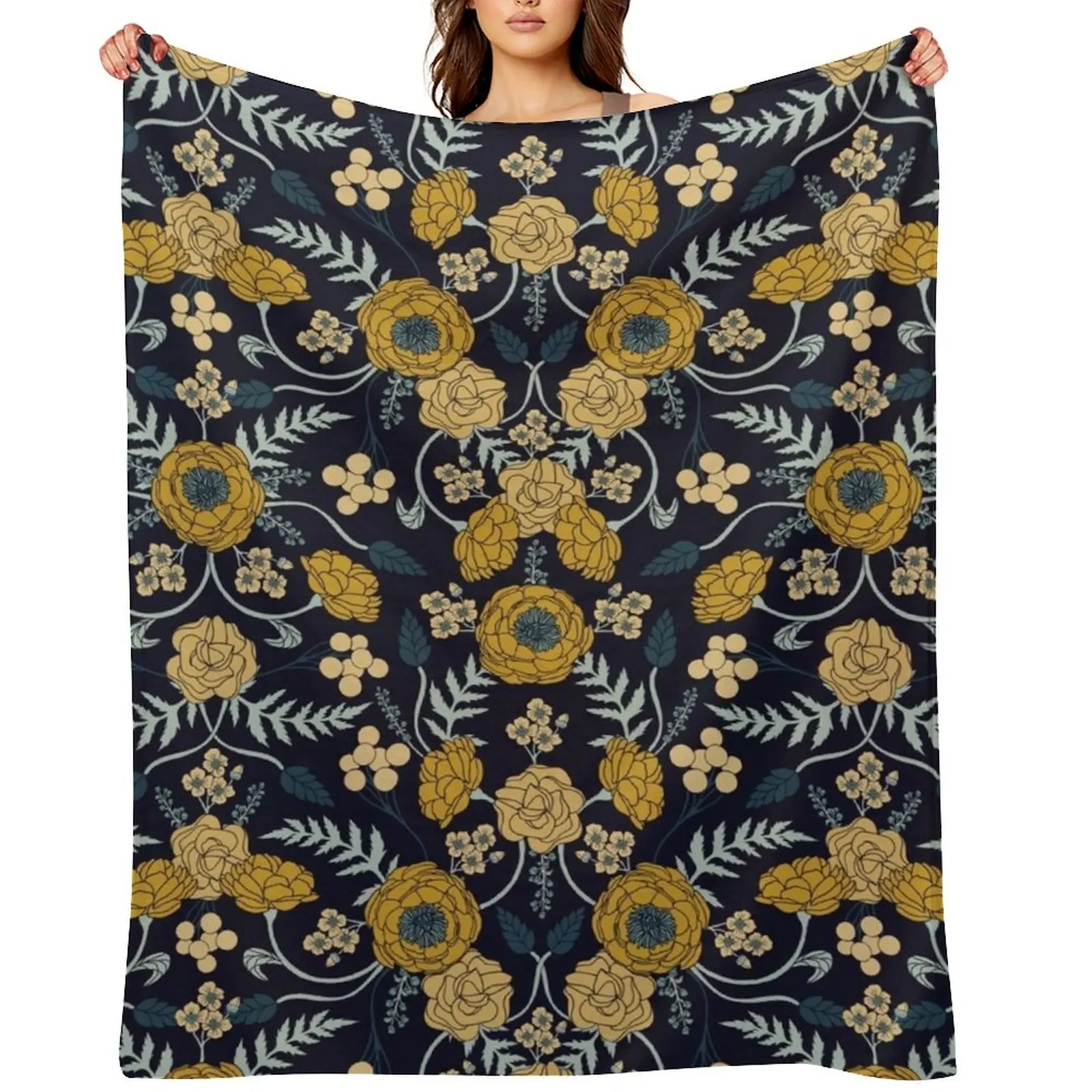 

Navy Blue, Turquoise, Cream & Mustard Yellow Dark Floral Pattern Throw Blanket Fashion Sofas Plush cosplay anime Bed Blankets
