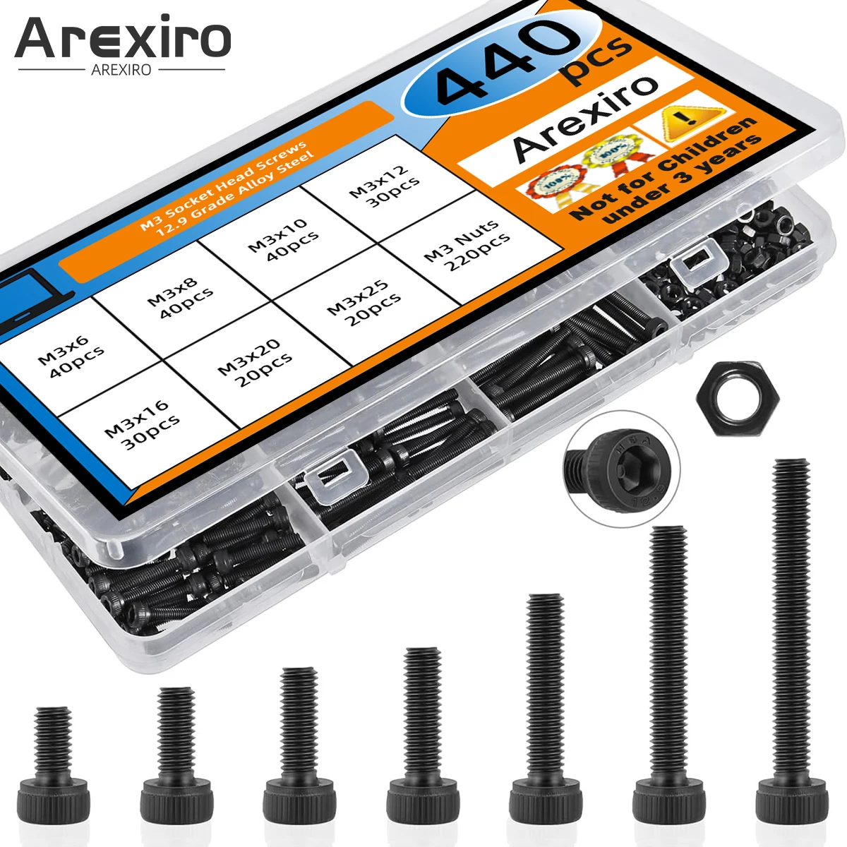 440Pcs M3 12.9 Grade Alloy Steel Screw and Nut Kit Suitable for 3D Printer DIY Hexagonal Socket Head Cover Metric Bolt and Nut