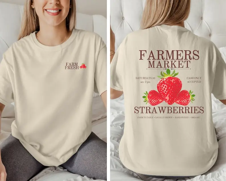 

Farmers Market Strawberries Fruit T-Shirt Summer Cottagecore Fruit Vintage Aesthetic Graphic Shirt Fashion Funny Cotton Tees Top