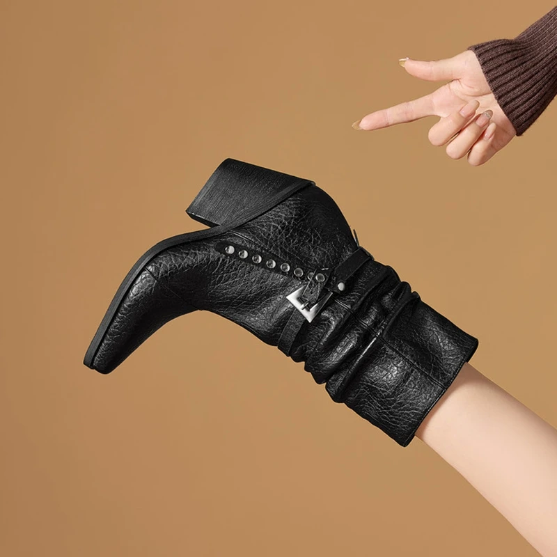 NEW Autumn/Winter Women Boots Split Leather Shoes Women Pointed Toe Chunky Heel Shoes Pleated Slip-on Western Boots Daily Shoes