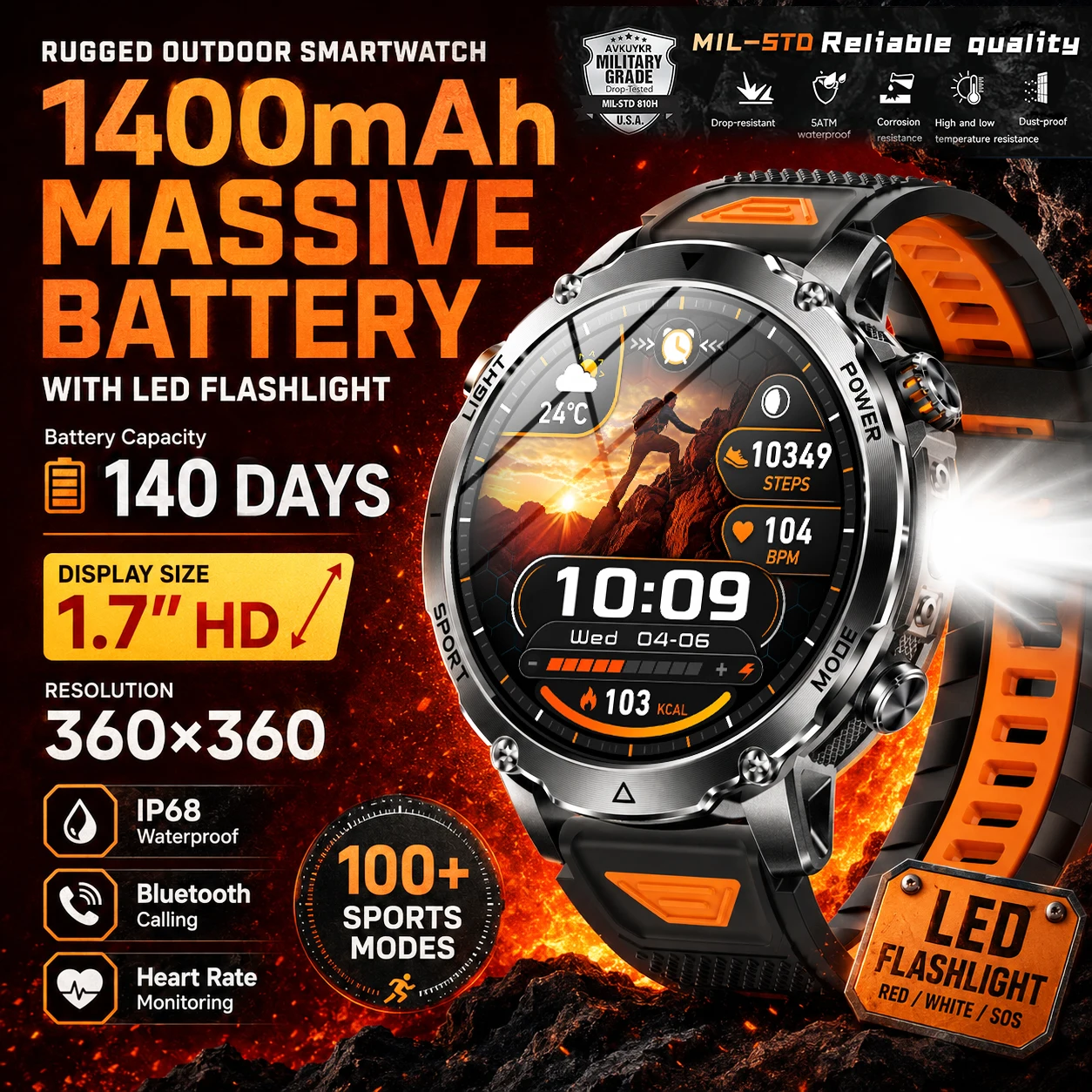 2026 Military Outdoor Men Smart Watch 1400mAh Battery LED Fl