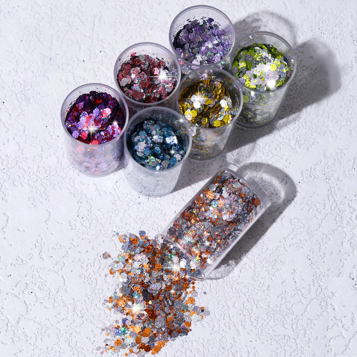 7 flaschen Heiße Verkäufe hohe kapazität metallic farbe Nagel Glitter Set Holographische Mix Nagel Zubehör Nail art Dekoration