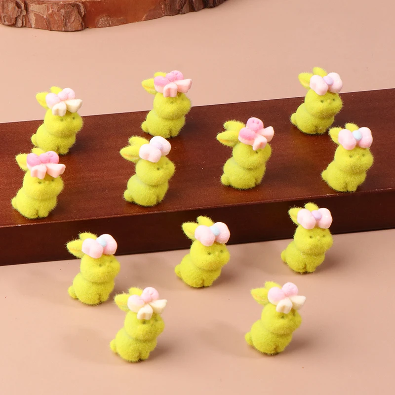 Cute Bow Rabbit Figurines 3D Flocking Bunny Statue Doll Model Dollhouse Mini Landscape Decorations