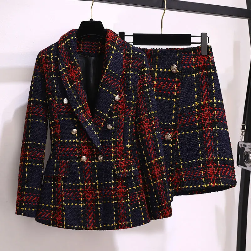 Women Winter Vintage Tweed Korean Suit Blazer Jacke Coat And Skirt Short Two Piece Set Outfit Jacquard Workwear Party Clothing