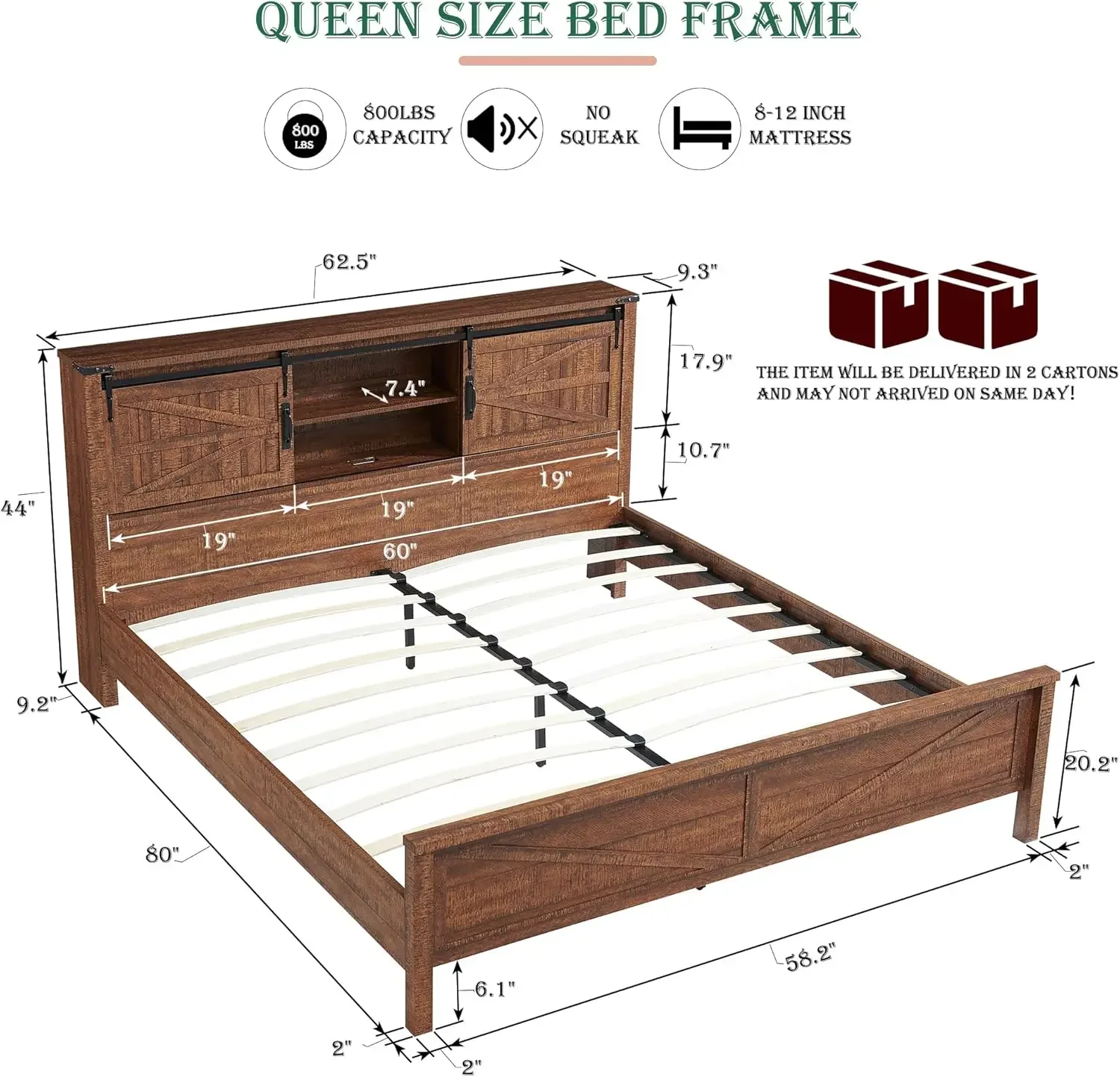 Farmhouse Queen Size Bed Frame with Bookcase Headboard, Sliding Barn Door, Storage Cabinet, Charging Station